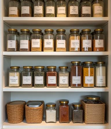 Organized modern pantry with glass jars